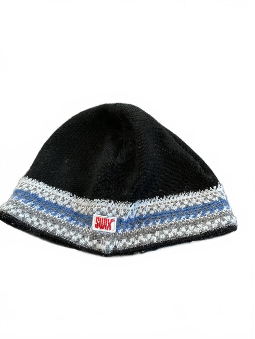 Swix Black  Wool Knit Winter Beanie Hat with Blue/Gray Pattern